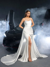 Elegant Strapless Pearl Embellshed Split Thigh Satin Wedding Dress